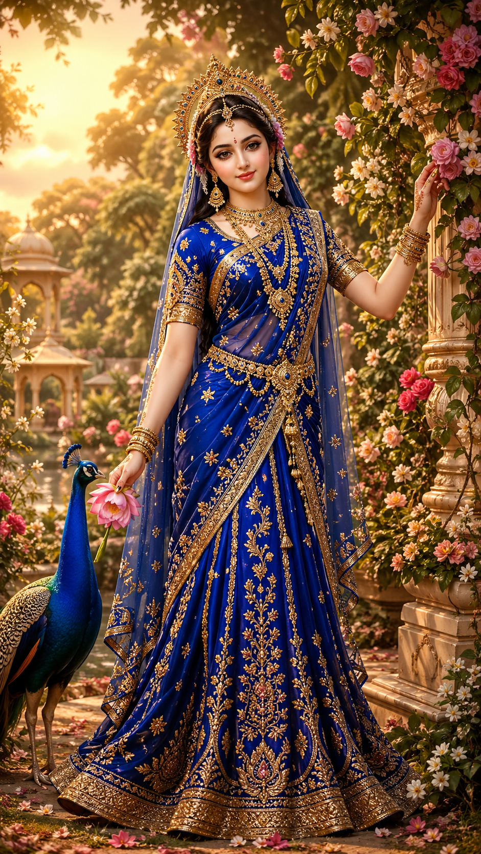 Radha Rani in royal blue sari with gold jewelry standing in lush garden with peacock and golden light — HD wallpaper